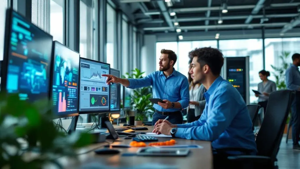 Two men in a modern office analyze data charts on multiple large computer monitors, while colleagues work in the background.