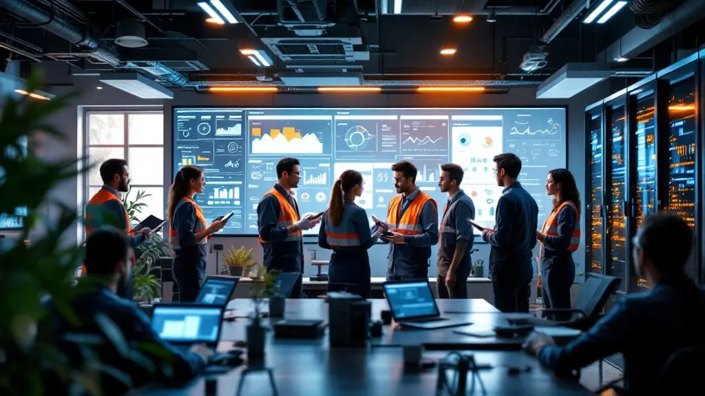 A group of professionals in safety vests has a discussion in a modern control room with large digital display screens showing charts and data.