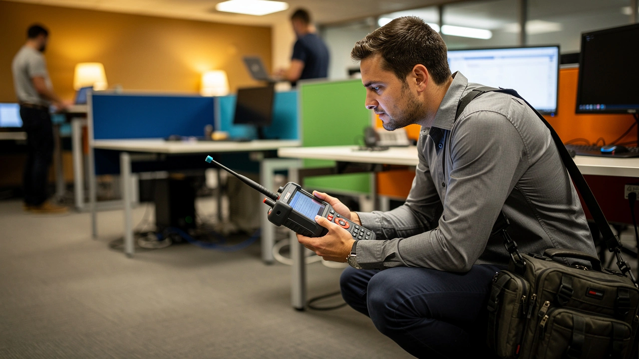 Network engineer performing a professional Wi-Fi site survey in an office