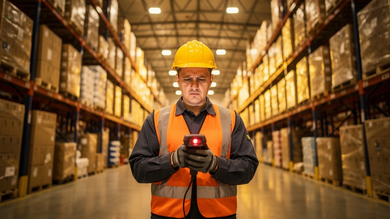 Warehouse worker experiencing Wi-Fi dead zone with handheld scanner