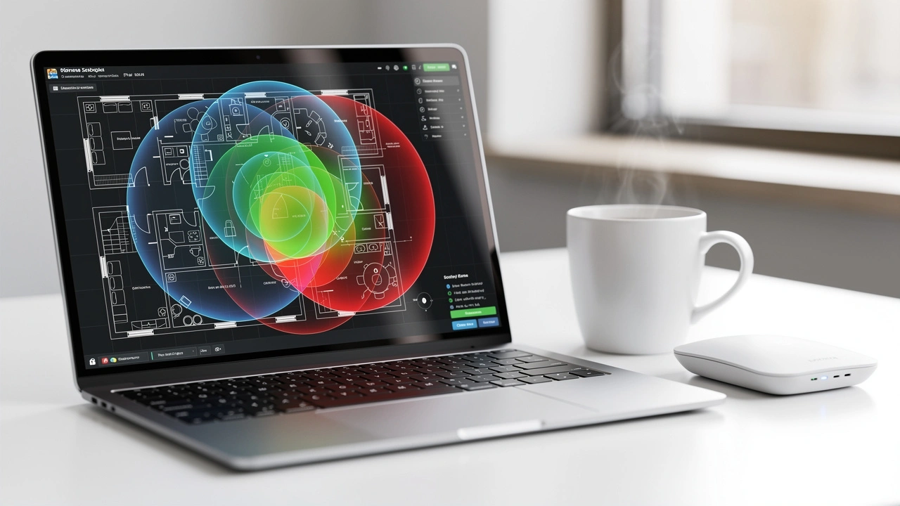 Laptop screen showing Wi-Fi channel overlap and signal visualization