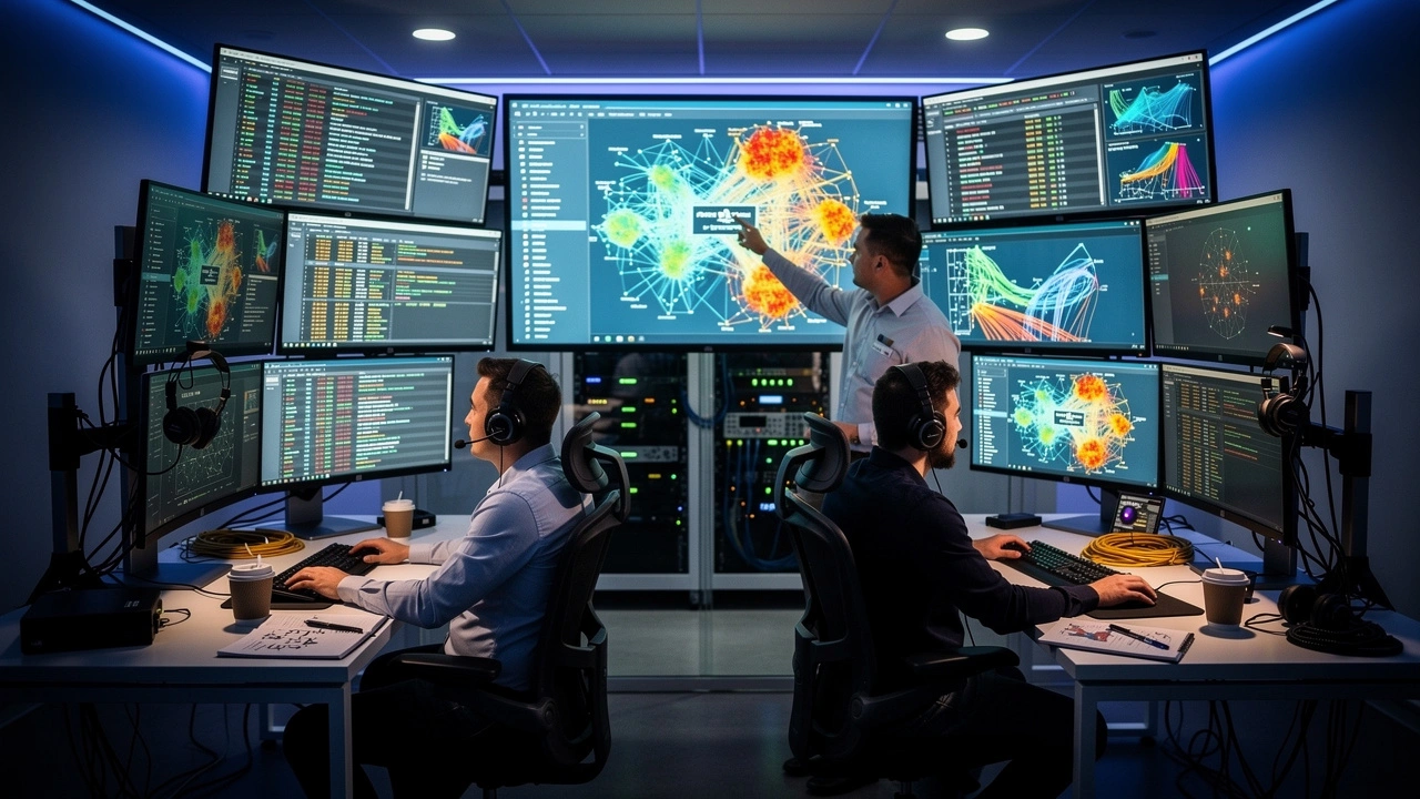 Security engineers monitoring cybersecurity threats in operations center