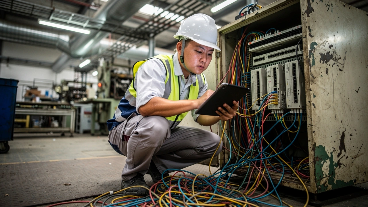 IT engineer conducting network audit in Chinese factory