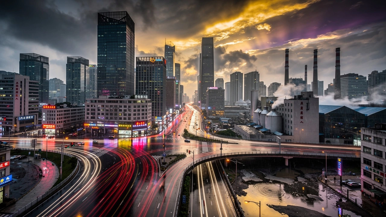 Chinese city skyline after storm representing natural disaster risk