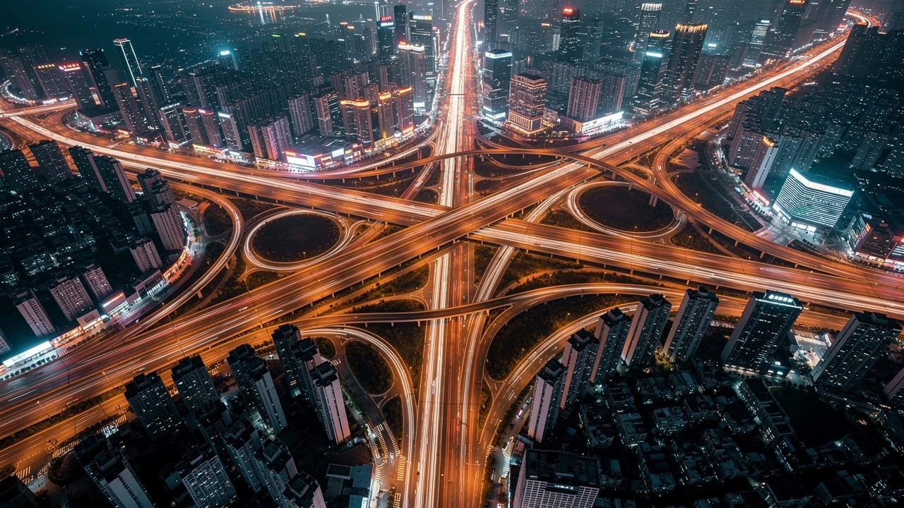 Aerial view of Chinese city highway network at night