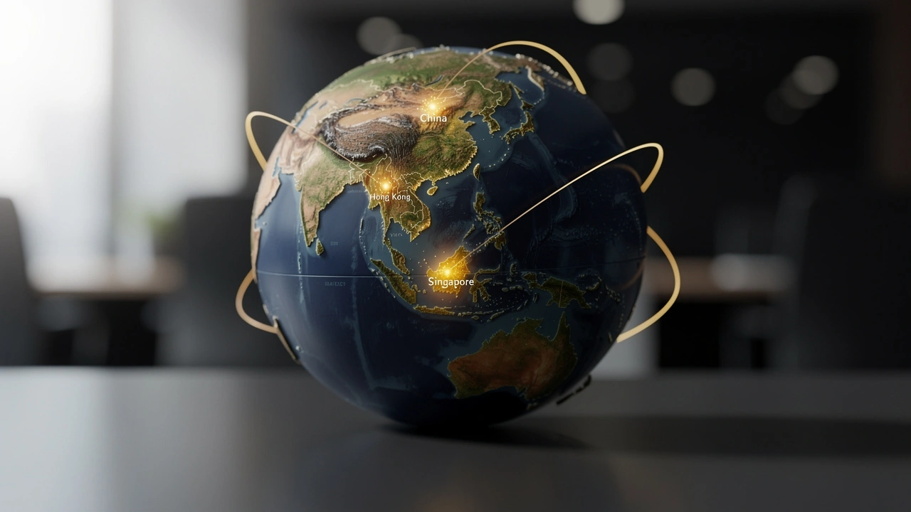 Globe highlighting China, Hong Kong, and Singapore hosting locations