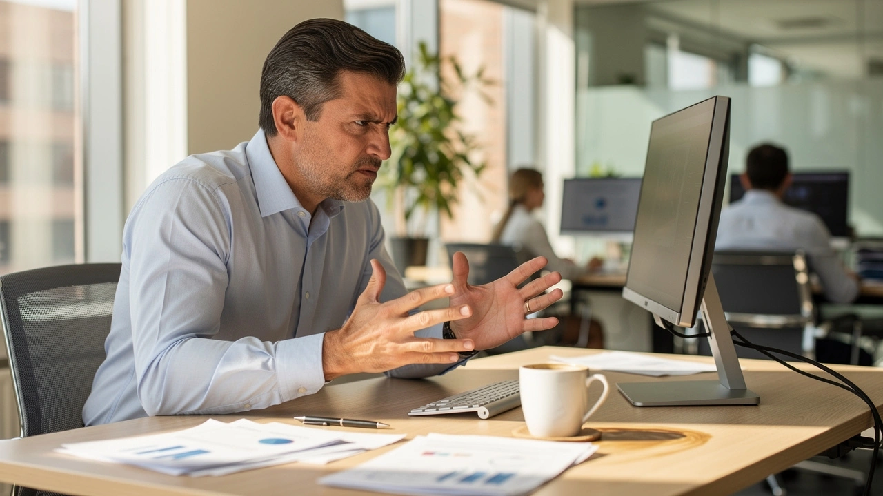 Frustrated employee experiencing costly IT downtime at desk