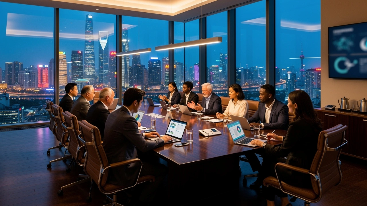 A group of business professionals meeting in a modern conference room with laptops and documents, overlooking a city skyline at dusk through large windows.