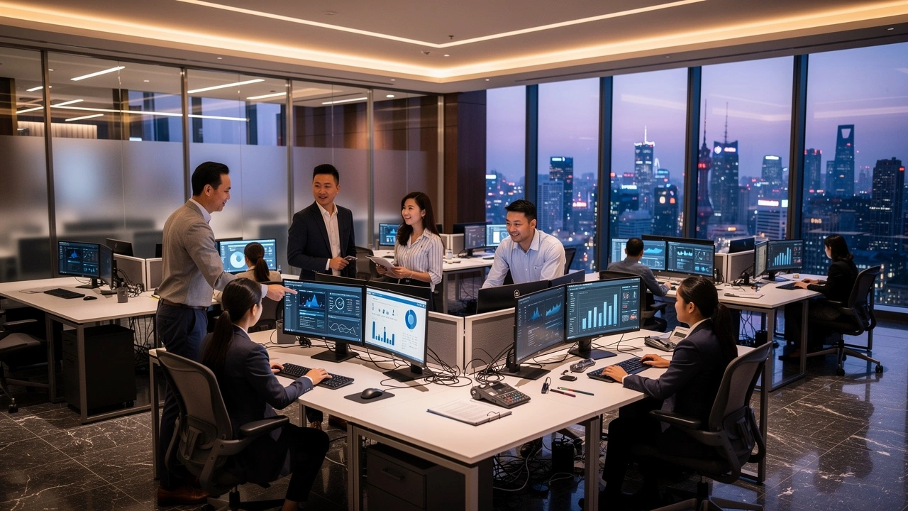 Office workers interact at their desks with multiple monitors displaying business graphs, while a city skyline is visible through large windows at dusk.
