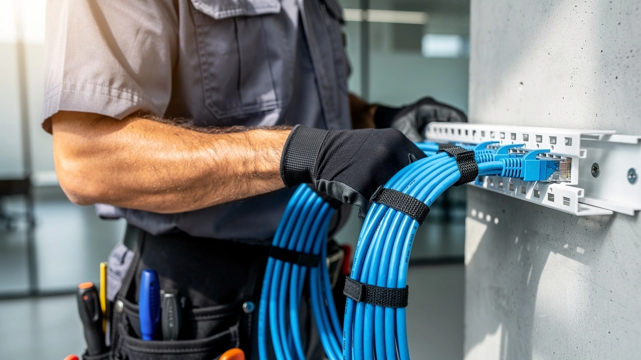 Technician installing Cat6 copper cabling in China office