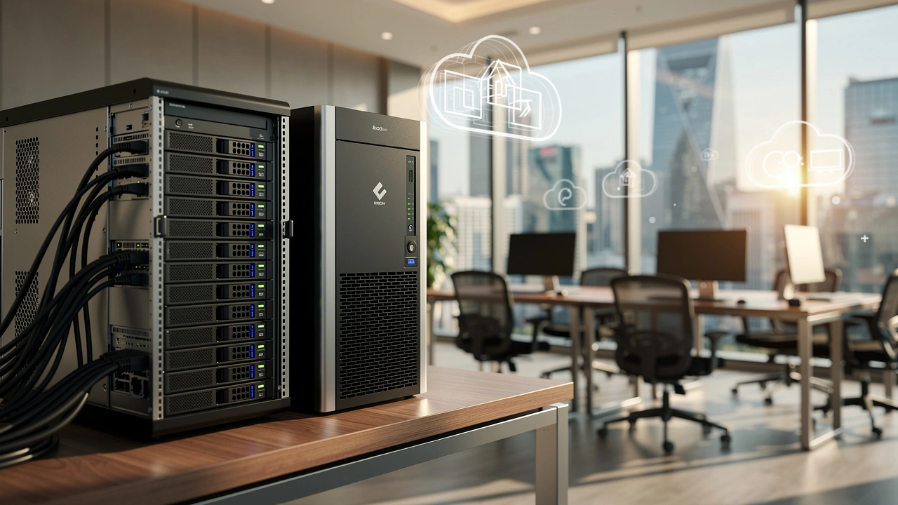 A server and computer tower sit on a desk in a modern office with large windows, network cables attached, and digital cloud icons floating in the background.