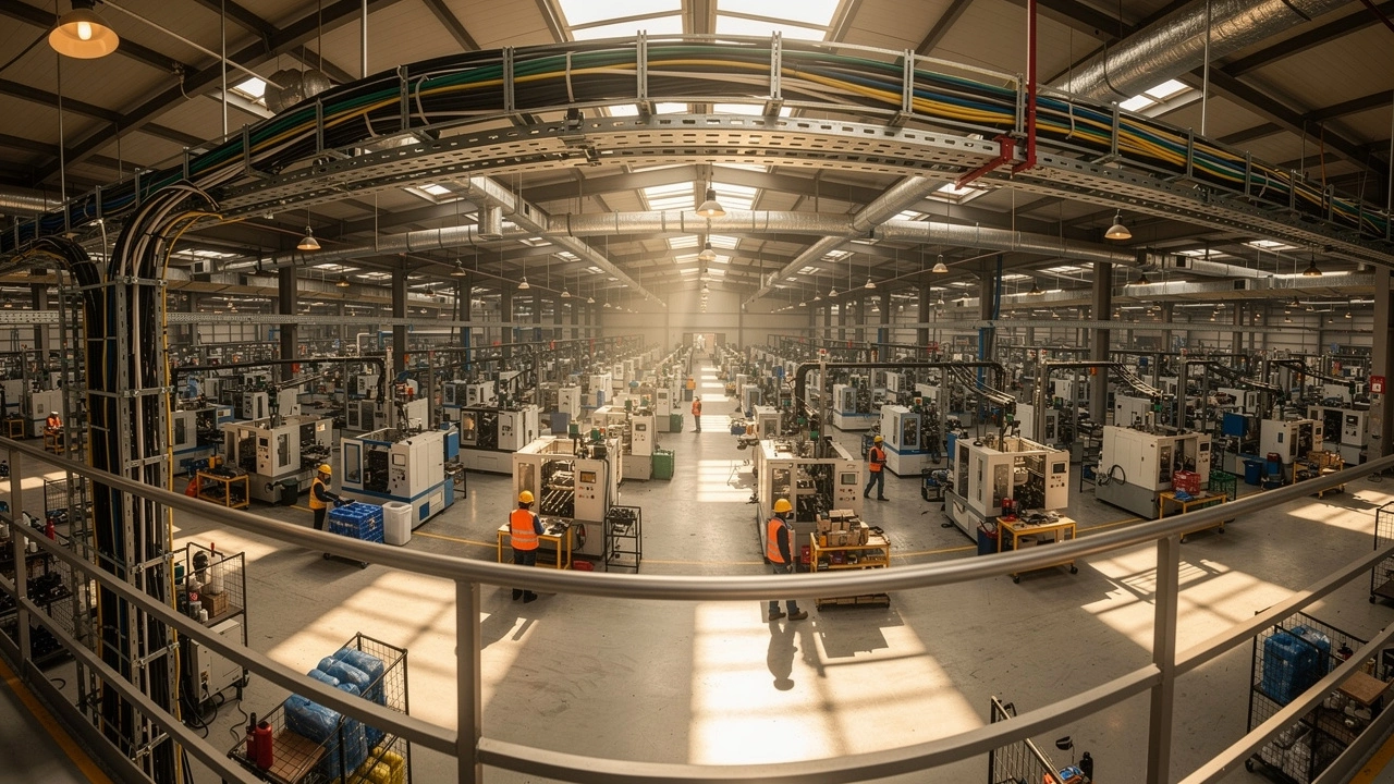 Cable management trays above a Chinese manufacturing plant floor