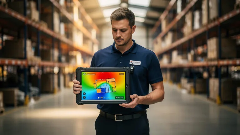 A man in a warehouse holds a tablet displaying a colorful heatmap or thermal imaging data, standing between shelves filled with boxes.