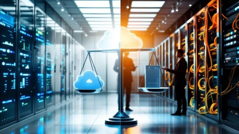 A scale balancing a cloud icon and a server, set in a data center with two people in the background, representing a comparison between cloud and on-premises computing.