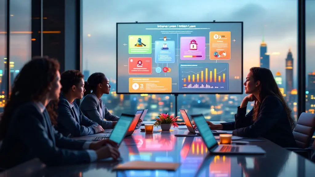 Five people in business attire sit at a conference table with laptops, viewing a digital presentation displaying charts and graphics in a high-rise office at night.