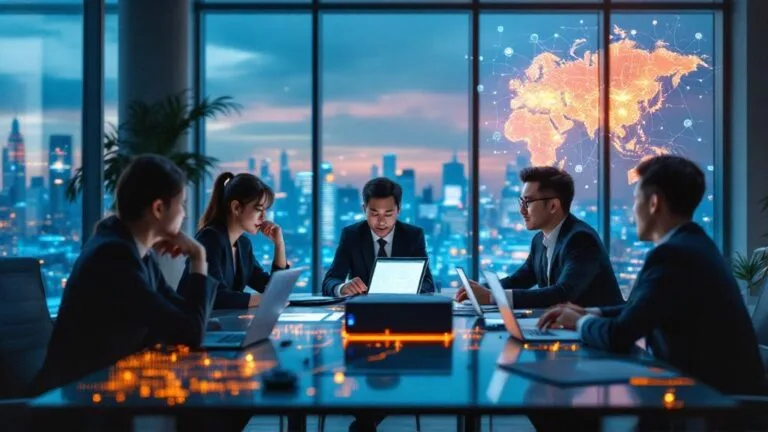 Five business professionals sit around a conference table with laptops in a high-rise office at sunset; a digital world map glows on a screen in the background.