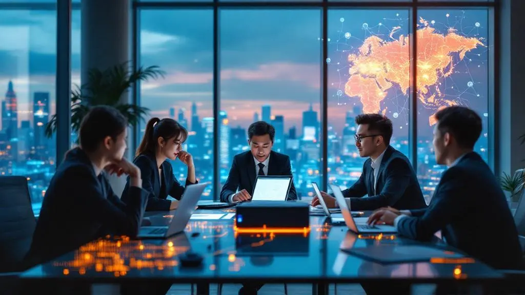 Five business professionals sit around a conference table with laptops in a high-rise office at sunset; a digital world map glows on a screen in the background.