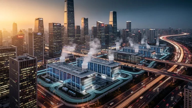 A modern cityscape at dusk shows illuminated skyscrapers, busy highways, and a large data center complex with glowing circuitry lines connecting the buildings.
