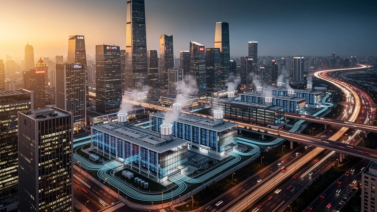 A modern cityscape at dusk shows tall skyscrapers, illuminated data centers, and busy highways with glowing light trails from traffic.
