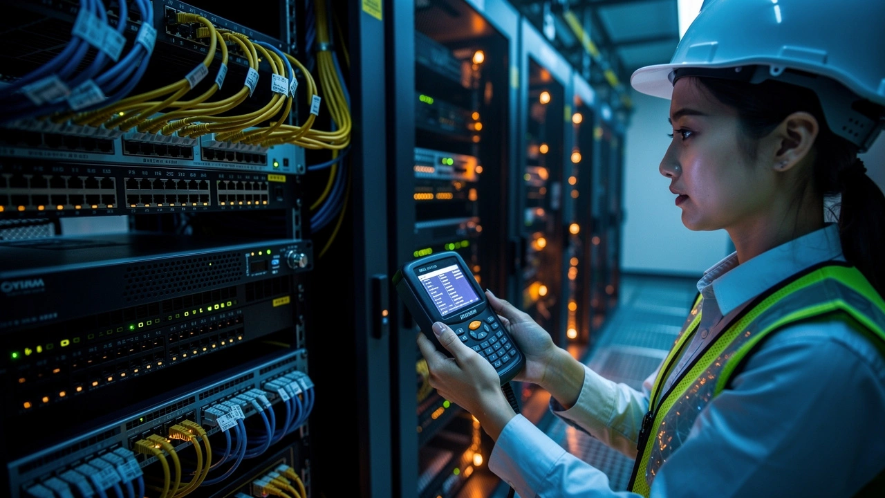 Network engineer inspecting server racks in China data center