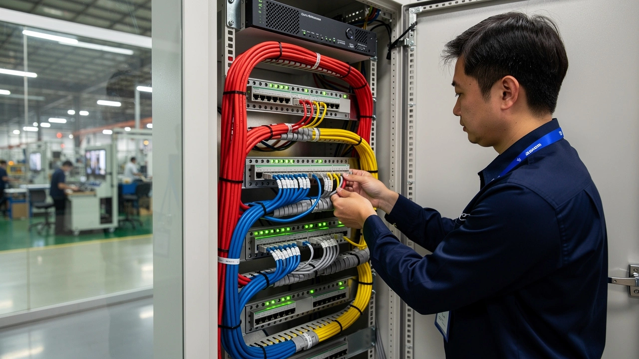 IT technician organizing segmented network cabling in China office