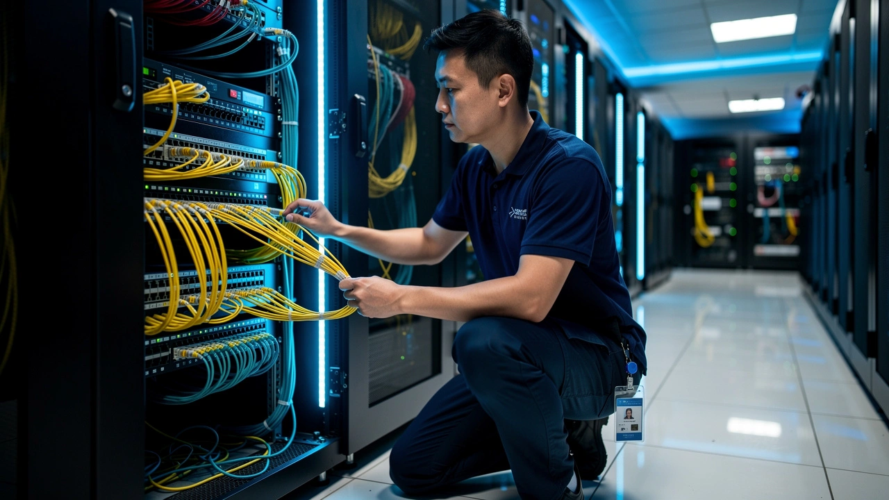 Network technician maintaining server infrastructure in China data center