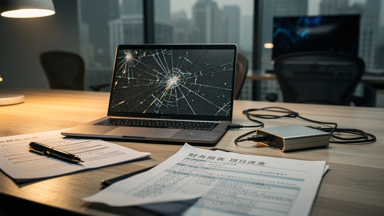 Damaged laptop and hard drive representing data loss risk in China
