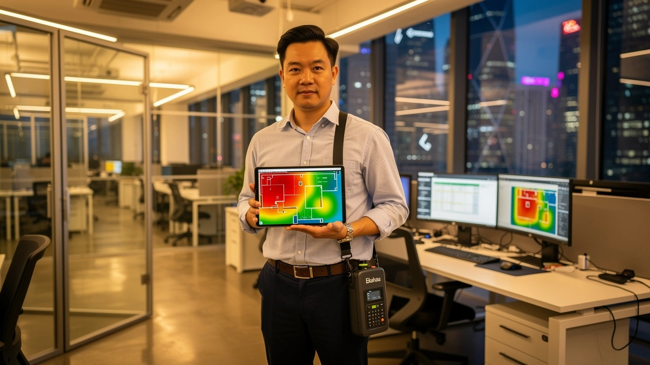 A man in a modern office holds a tablet displaying a heatmap, with computer monitors and city buildings visible in the background.