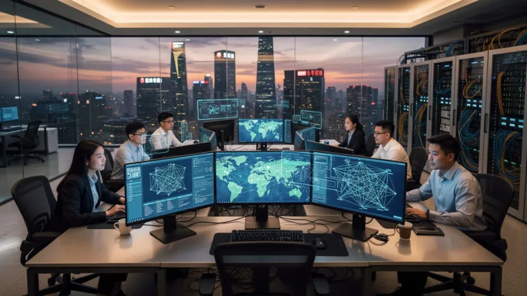 Six people in business attire work at computer stations with multiple monitors displaying data and network maps in a modern office, with city skyline visible through large windows at dusk.