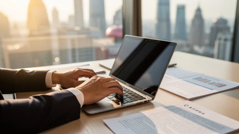 A person in business attire types on a laptop at a desk by a window, with documents and charts visible, overlooking a city skyline.