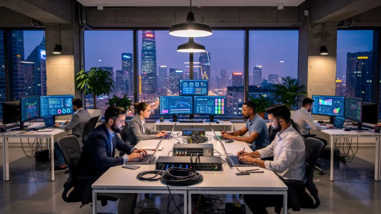 An office with multiple people working at computers displaying charts and data, set against large windows overlooking a city skyline at dusk.
