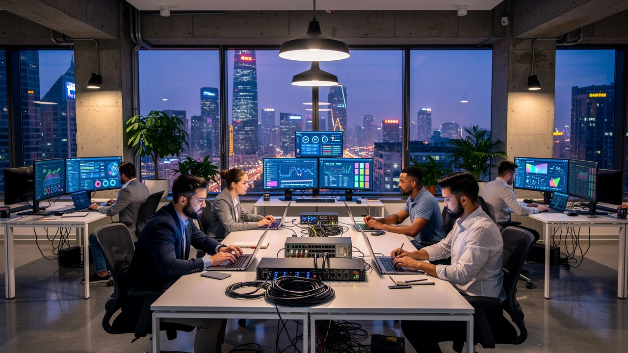 An office with multiple people working at computers displaying charts and data, set against large windows overlooking a city skyline at dusk.