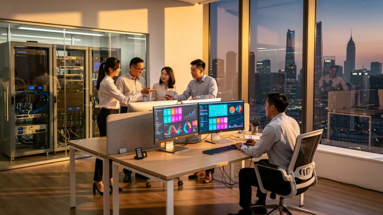 Five business professionals collaborate in an office with large windows overlooking a cityscape at sunset; one person works at a desk with multiple monitors displaying data charts.