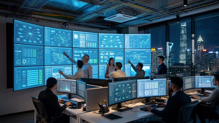 A team of professionals works in a control room with multiple large data screens displaying charts and analysis, overlooking a city skyline at night.