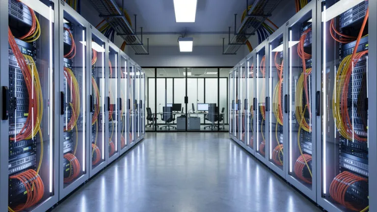 A server room with rows of server racks, visible cabling, and a glass wall separating the servers from an office area with desks and computer monitors.