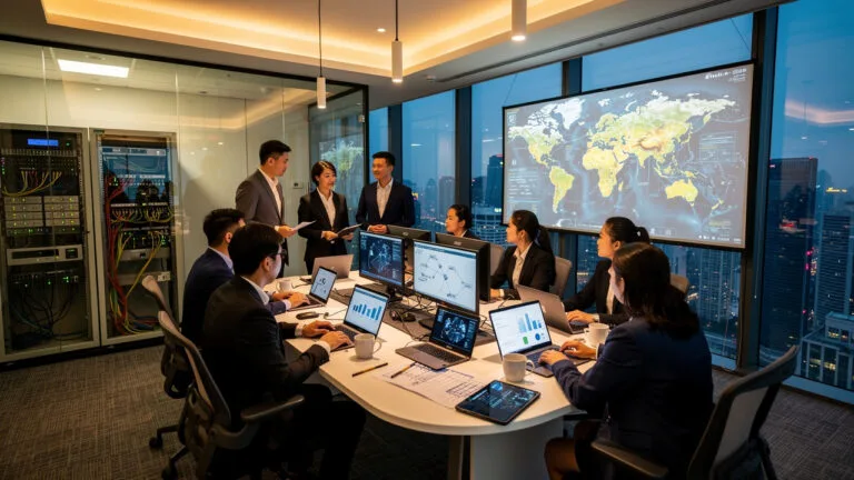 A group of professionals in business attire hold a meeting in a modern office with computer monitors, charts, and a large world map displayed on a screen.