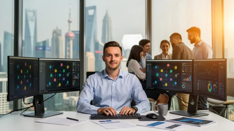 A man sits at a desk with four computer monitors displaying data visualizations, while a group of people converse in the background with city skyscrapers visible through large windows.