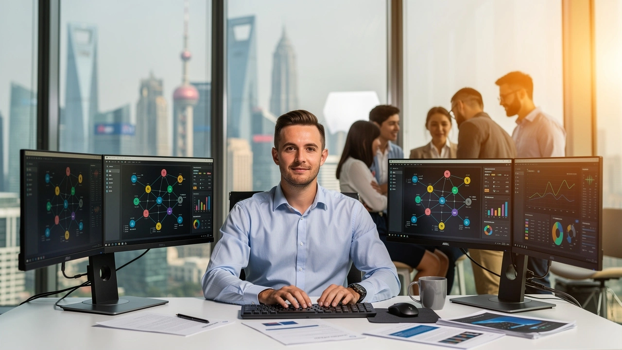 A man sits at a desk with four computer monitors displaying data visualizations, while a group of people converse in the background with city skyscrapers visible through large windows.