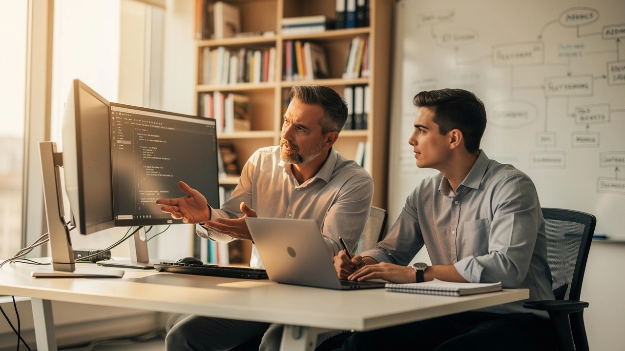 Senior IT engineer training junior colleague in modern office setting