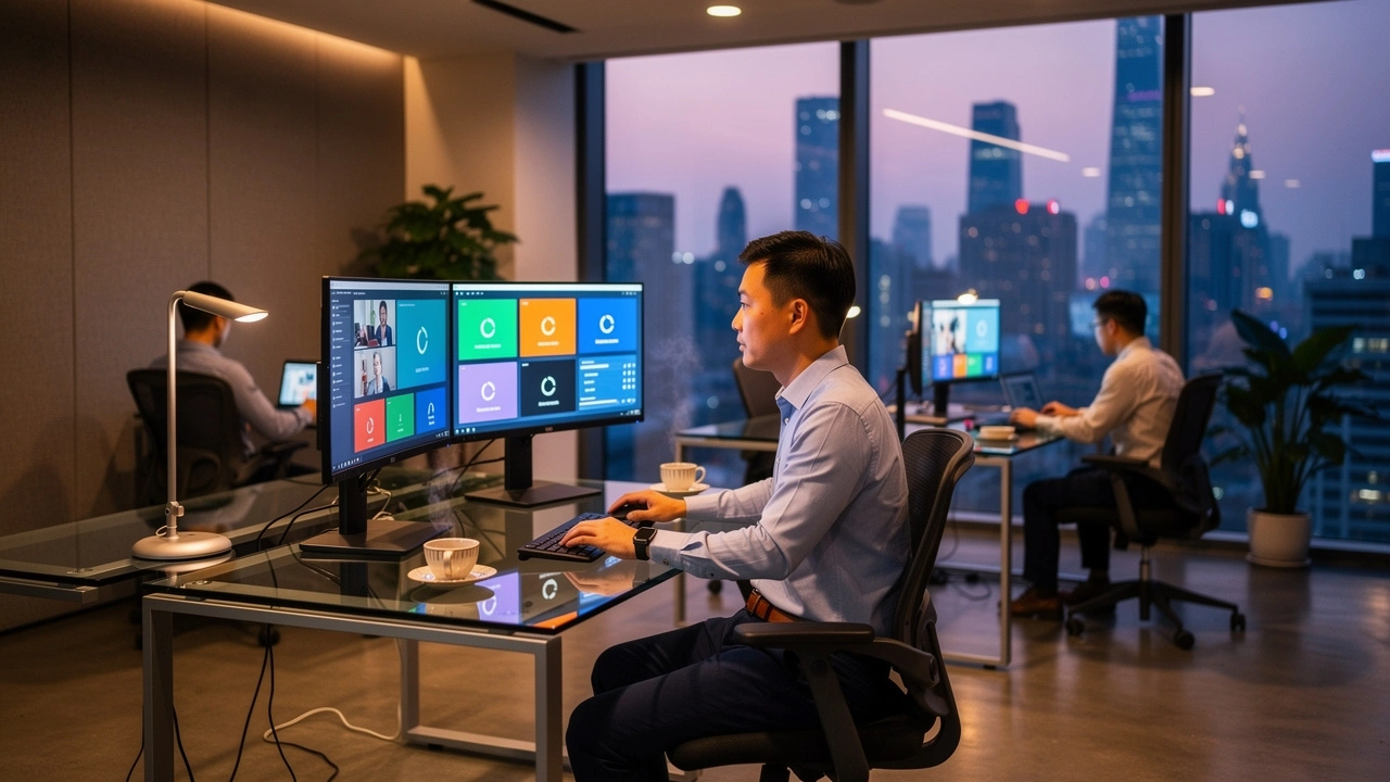 Several people work at desks with computers in a modern office overlooking a city skyline at dusk, with screens displaying video calls and data dashboards.