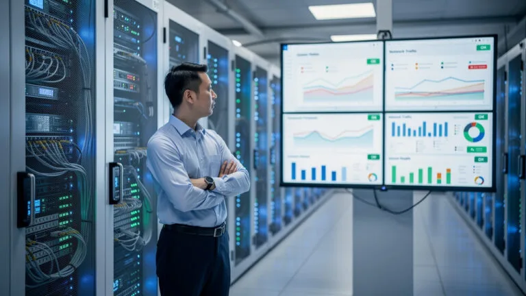 A man stands in a server room, looking at large screens displaying data analytics, charts, and network performance metrics.