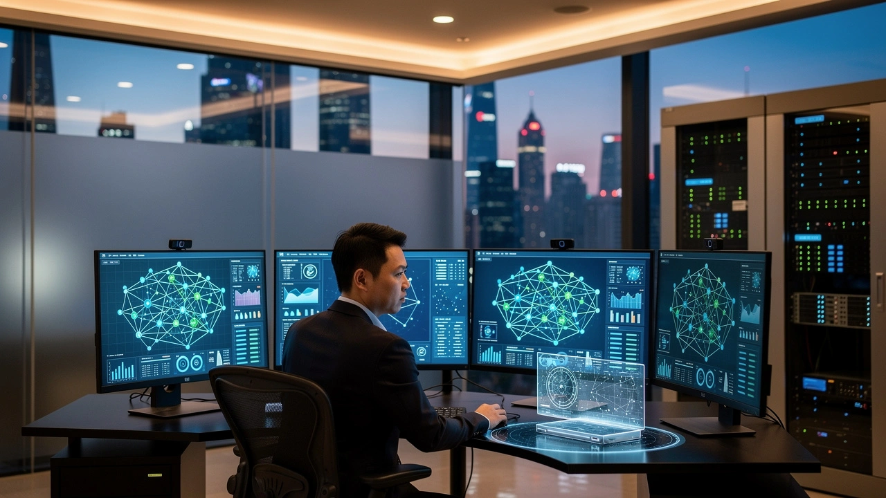 A person sits at a desk with multiple monitors displaying data visualizations and network diagrams in a modern office with city views and server racks.