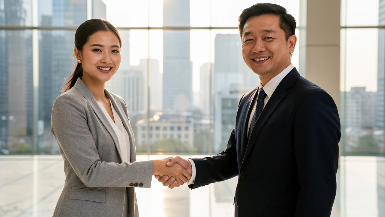 Western and Asian business professionals forming IT partnership in China