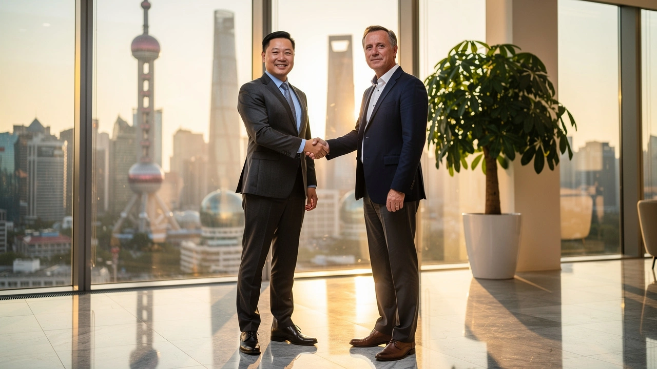 International business partnership handshake in Shanghai office