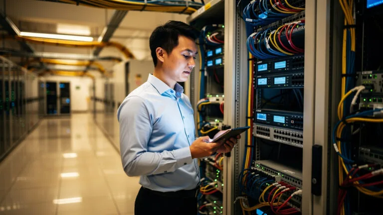 A man in a server room stands beside racks of network equipment, holding a tablet and inspecting cables and servers.