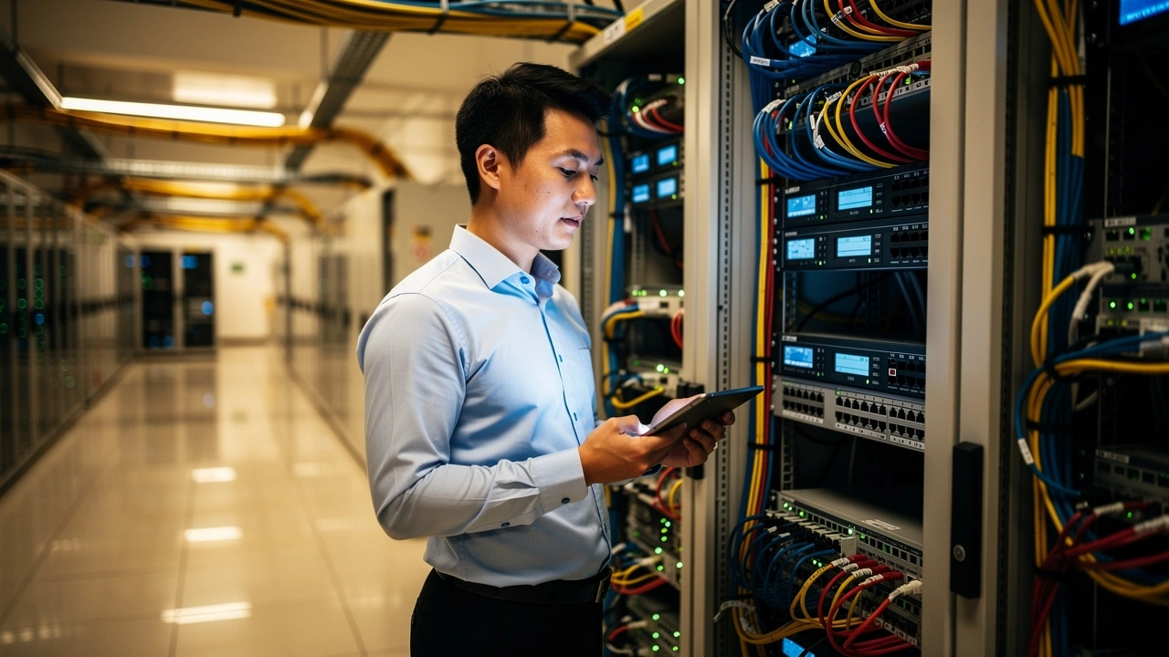 A man in a server room stands beside racks of network equipment, holding a tablet and inspecting cables and servers.
