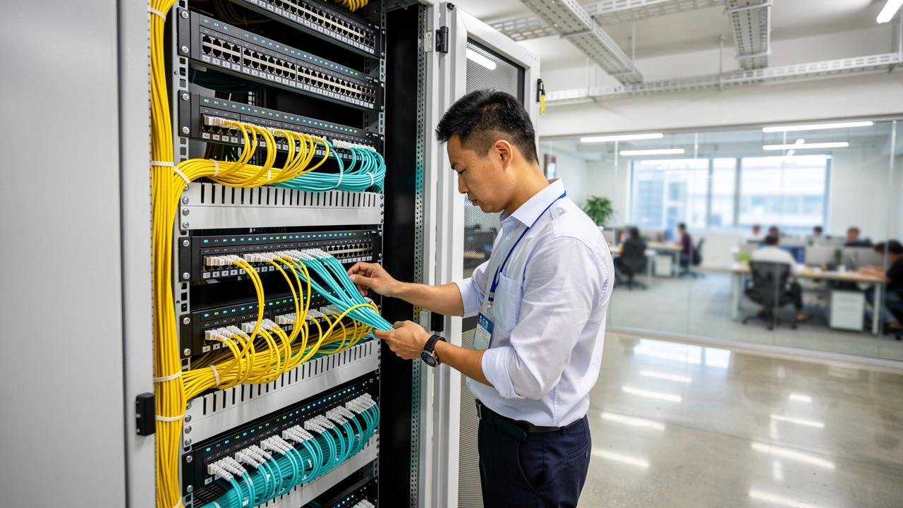 A man in business attire works with network cables in a server room, while people are visible in an office through a glass wall in the background.