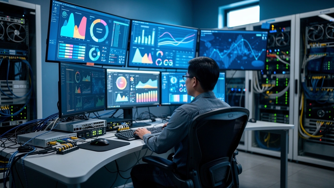 Network operations center with IT monitoring dashboards screens