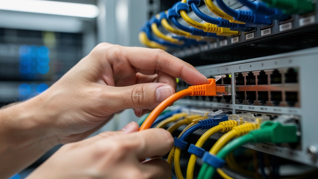 Engineer performing proactive IT network maintenance and cabling