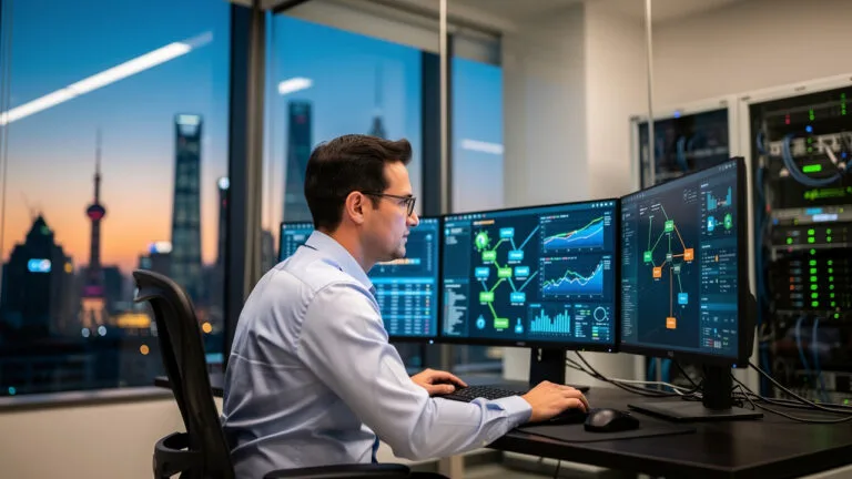 A man in an office monitors multiple data and financial charts on computer screens, with a city skyline visible through the window at dusk.
